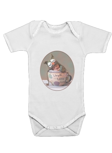  Painting Baby With Owl Cap in a Teacup para bodysuit bebê manga curta