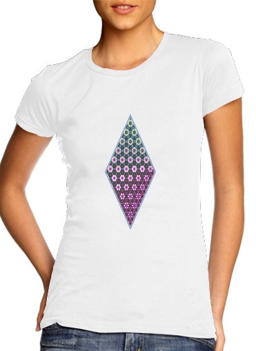  Abstract bright floral geometric pattern teal pink white para T-shirt branco das mulheres