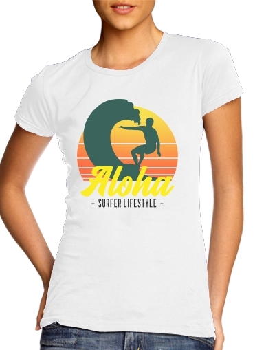  Aloha Surfer lifestyle para T-shirt branco das mulheres
