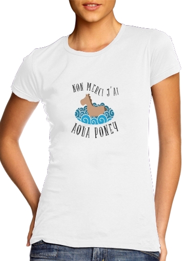  Aqua Ponney para T-shirt branco das mulheres