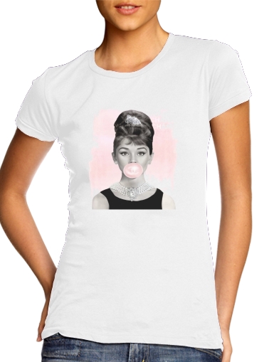  Audrey Hepburn bubblegum para T-shirt branco das mulheres