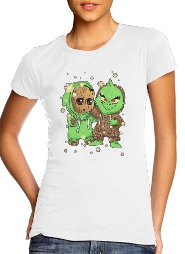  Baby Groot and Grinch Christmas para T-shirt branco das mulheres