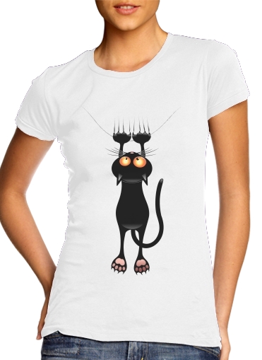  Black Cat Cartoon Hang para T-shirt branco das mulheres