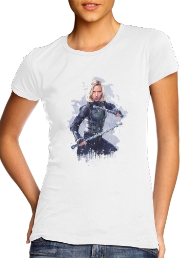  Black Widow Watercolor art para T-shirt branco das mulheres