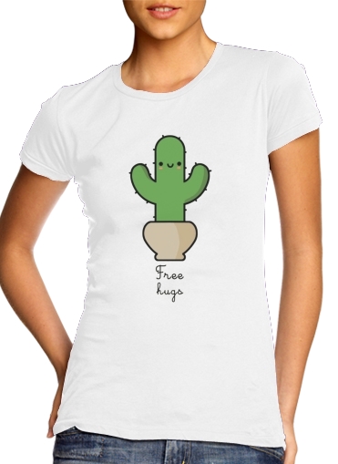  Cactus Free Hugs para T-shirt branco das mulheres
