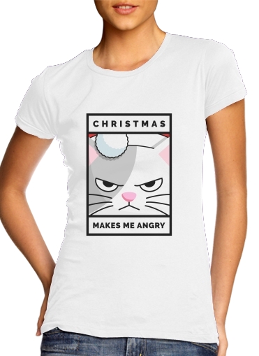  Christmas makes me Angry cat para T-shirt branco das mulheres
