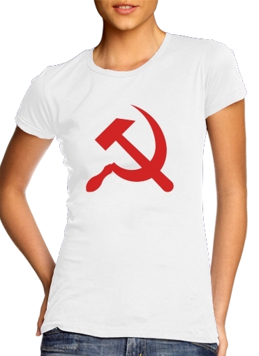 purple- Communiste faucille et marteau para T-shirt branco das mulheres