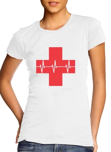  Croix de secourisme EKG Heartbeat para T-shirt branco das mulheres