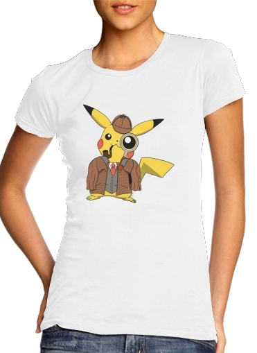  Detective Pikachu x Sherlock para T-shirt branco das mulheres