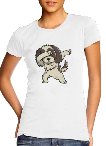  Dog Shih Tzu Dabbing para T-shirt branco das mulheres