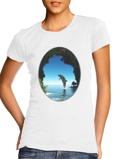  Dolphin in a hidden cave para T-shirt branco das mulheres