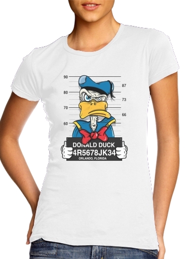  Donald Duck Crazy Jail Prison para T-shirt branco das mulheres