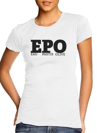  EPO Eau Pastis Olive para T-shirt branco das mulheres