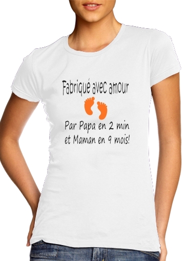  Fabriquer avec amour Papa en 2 min et maman en 9 mois para T-shirt branco das mulheres