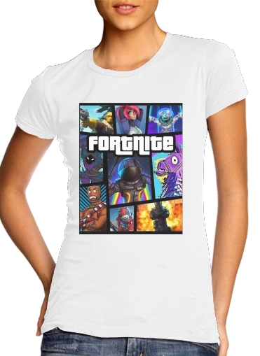 Fortnite - Battle Royale Art Feat GTA para T-shirt branco das mulheres
