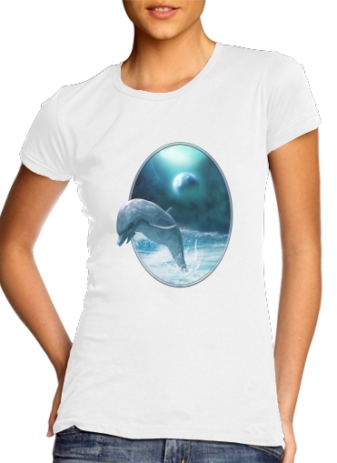  Freedom Of Dolphins para T-shirt branco das mulheres