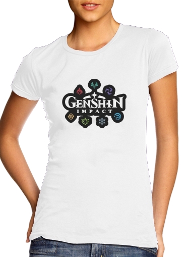  Genshin impact elements para T-shirt branco das mulheres