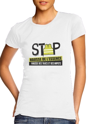  Gilet Jaune Stop aux taxes para T-shirt branco das mulheres