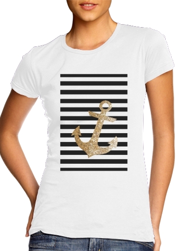  gold glitter anchor in black para T-shirt branco das mulheres