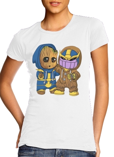  Groot x Thanos para T-shirt branco das mulheres