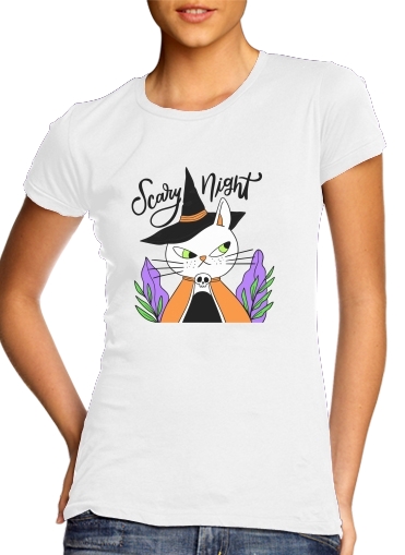  halloween cat sorcerer para T-shirt branco das mulheres