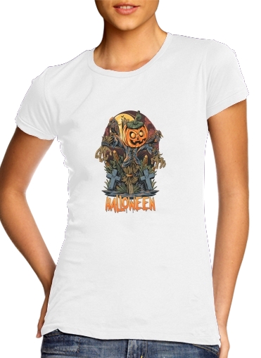  Halloween Pumpkin Crow Graveyard para T-shirt branco das mulheres