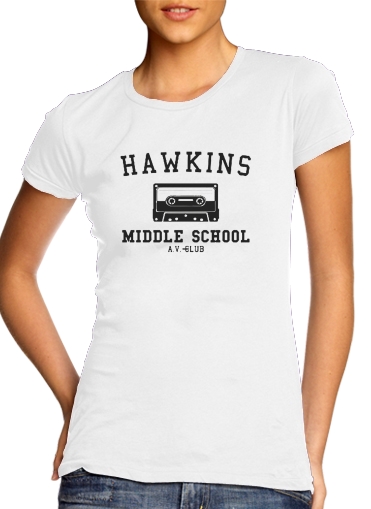  Hawkins Middle School AV Club K7 para T-shirt branco das mulheres