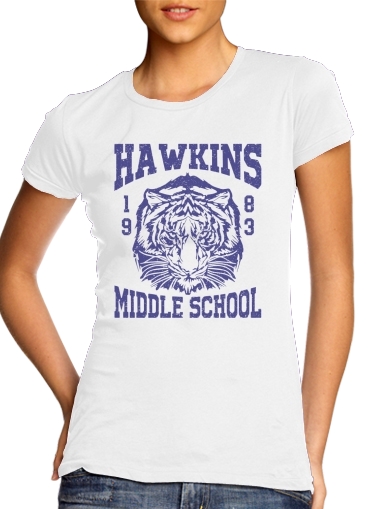  Hawkins Middle School University para T-shirt branco das mulheres