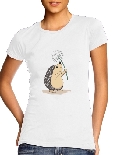  Hedgehog play dandelion para T-shirt branco das mulheres