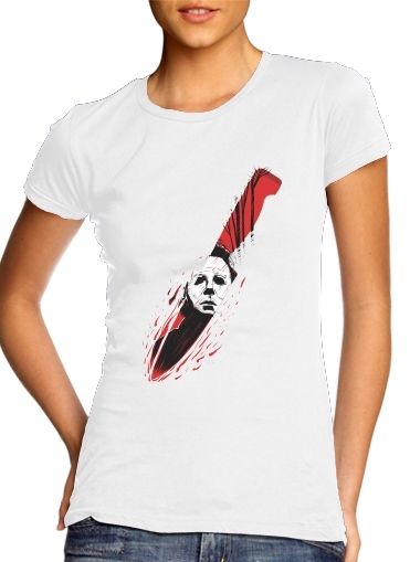  Hell-O-Ween Myers knife para T-shirt branco das mulheres