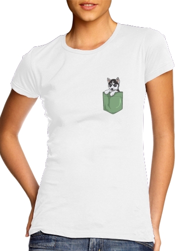  Husky Dog in the pocket para T-shirt branco das mulheres