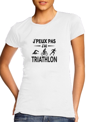  Je peux pas j ai Triathlon para T-shirt branco das mulheres