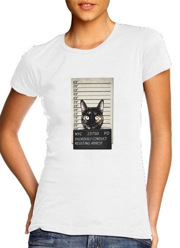  Kitty Mugshot para T-shirt branco das mulheres