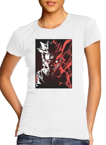  Kyubi x Naruto Angry para T-shirt branco das mulheres