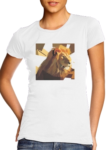  Lion Geometric Brown para T-shirt branco das mulheres