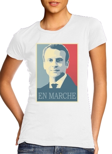  Macron Propaganda En marche la France para T-shirt branco das mulheres