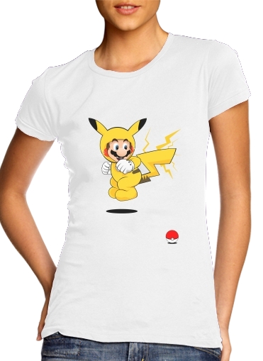  Mario mashup Pikachu Impact-hoo! para T-shirt branco das mulheres