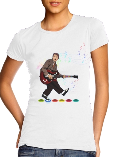  Marty McFly plays Guitar Hero para T-shirt branco das mulheres
