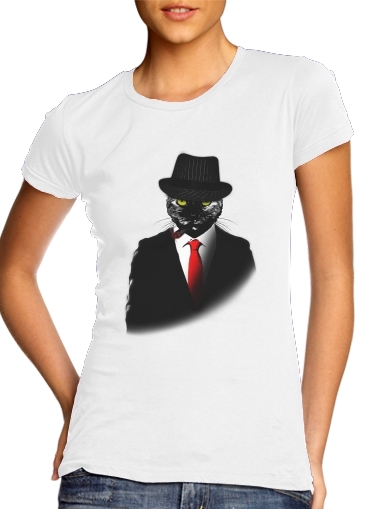  Mobster Cat para T-shirt branco das mulheres