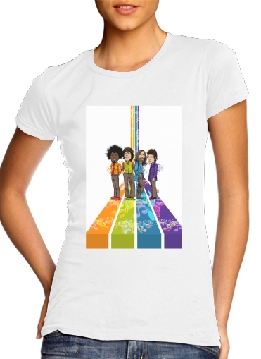  Music Legends: Lennon, Jagger, Dylan & Hendrix para T-shirt branco das mulheres