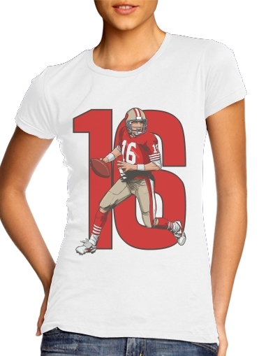  NFL Legends: Joe Montana 49ers para T-shirt branco das mulheres