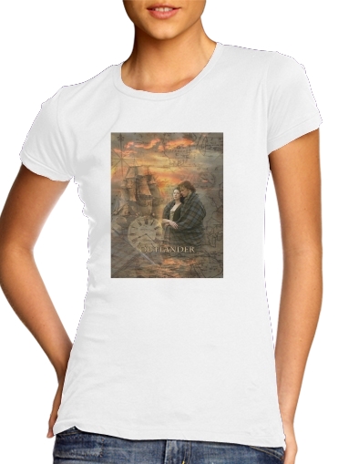  Outlander Collage para T-shirt branco das mulheres