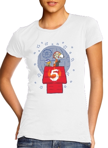  Peanut Snoopy x StarWars para T-shirt branco das mulheres