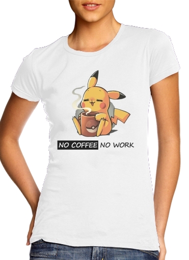  Pikachu Coffee Addict para T-shirt branco das mulheres