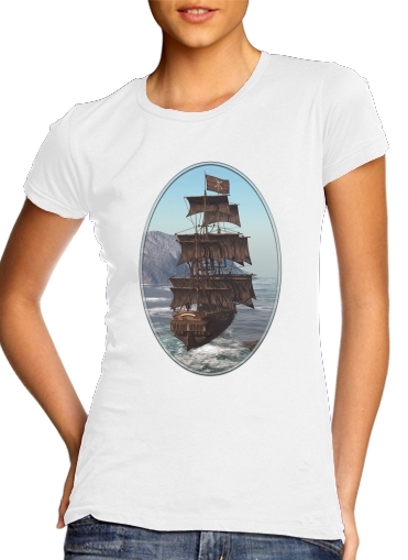  Pirate Ship 1 para T-shirt branco das mulheres