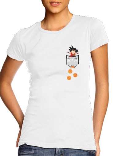  Pocket Collection: Goku Dragon Balls para T-shirt branco das mulheres