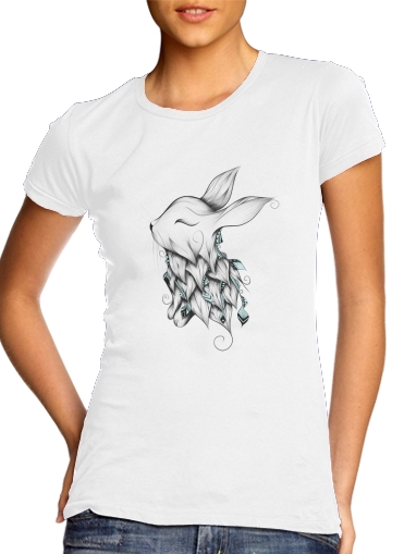  Poetic Rabbit  para T-shirt branco das mulheres