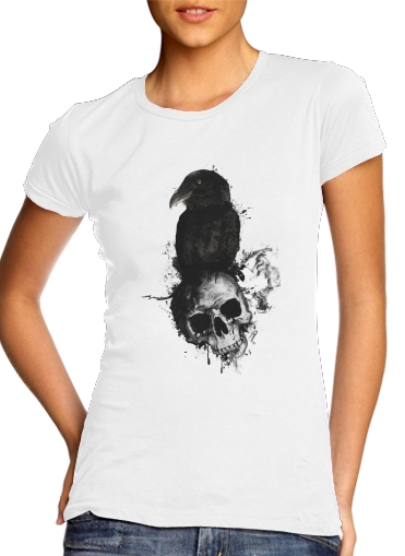  Raven and Skull para T-shirt branco das mulheres