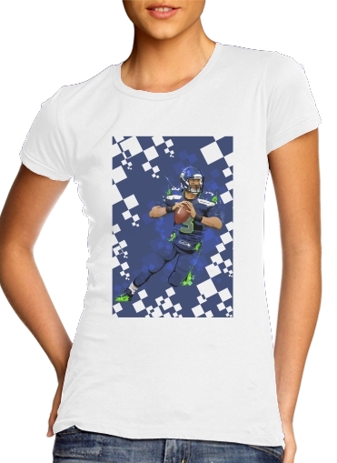  Seattle Seahawks: QB 3 - Russell Wilson para T-shirt branco das mulheres
