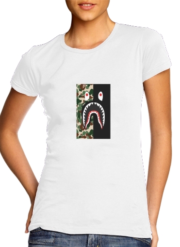 Shark Bape Camo Military Bicolor para T-shirt branco das mulheres